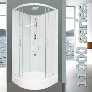 11000 Aqua Series affordable round corner silicone-free shower cubicle showing curved double sliding doors.