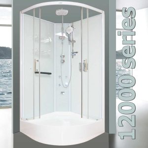 Aeros 12000 Aqua Series deluxe corner round silicone-free shower cabin with open double sliding doors revealing rainfall shower and brass back jets