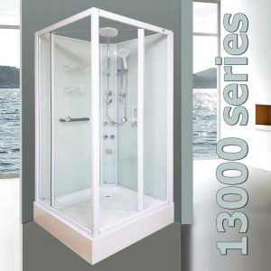 Stunning 13000 Aqua Series Deluxe Square Silicone-Free Shower Enclosure featuring brass massage jets and grab bar.