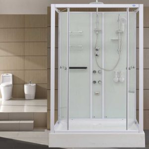 The 15000 aqua series 1200x900 deluxe rectangle shower cubicle with rainfall shower head and glass sliding doors.