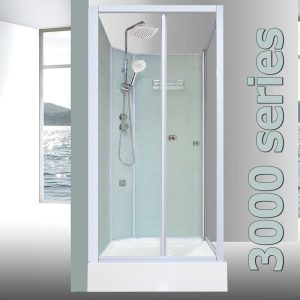 Modern Square Silicone-Free Shower Cubicle from the 3000 Aqua Series showing reversible single internal sliding door and available in 800, 900, and 1000mm sizes.