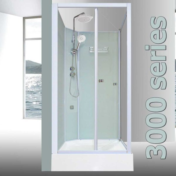 Modern Square Silicone-Free Shower Cubicle from the 3000 Aqua Series showing reversible single internal sliding door and available in 800, 900, and 1000mm sizes.