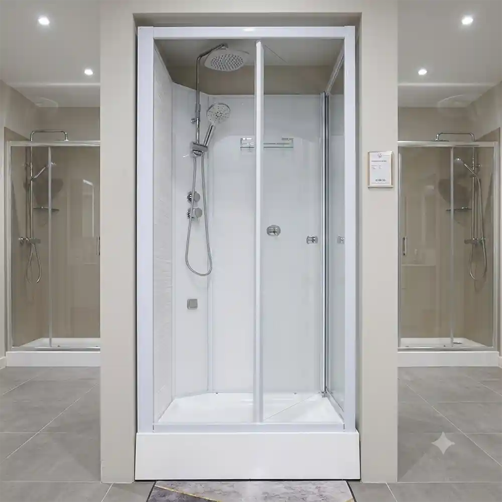 3000 aqua series alcove shower cubicle displayed in a modern bathroom showroom featuring a fully enclosed watertight shower with sliding glass doors and chrome fixtures.