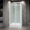 Aeros 3000 series aqua corner shower cubicle displayed in a modern showroom featuring a fully enclosed frameless-style shower with watertight construction and sliding glass doors.