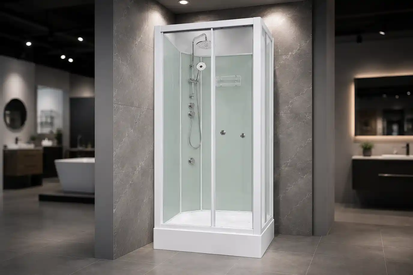 Aeros 3000 series aqua corner shower cubicle displayed in a modern showroom featuring a fully enclosed frameless-style shower with watertight construction and sliding glass doors.