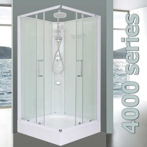4000 aqua series square corner entry silicone-free shower cubicle.