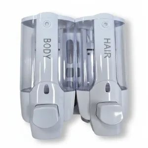 Front view of a white dual shampoo soap dispenser with wall bracket attached
