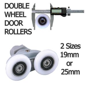 Premium double wheel door rollers for heavy-duty sliding shower screens, available in 19mm and 25mm sizes.