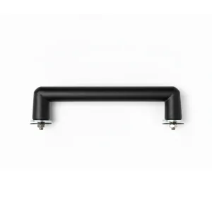 Black grab bar with rubber grip mounted on a white background