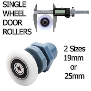 Single wheel door rollers for sliding shower screen replacement, available in 19mm and 25mm sizes.