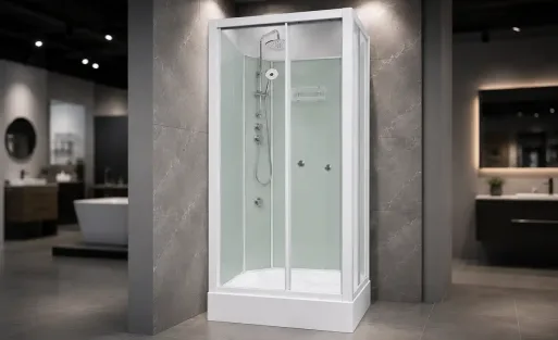 Aeros 3000 series aqua corner shower cubicle displayed in a modern showroom featuring a fully enclosed frameless-style shower with watertight construction and sliding glass doors.